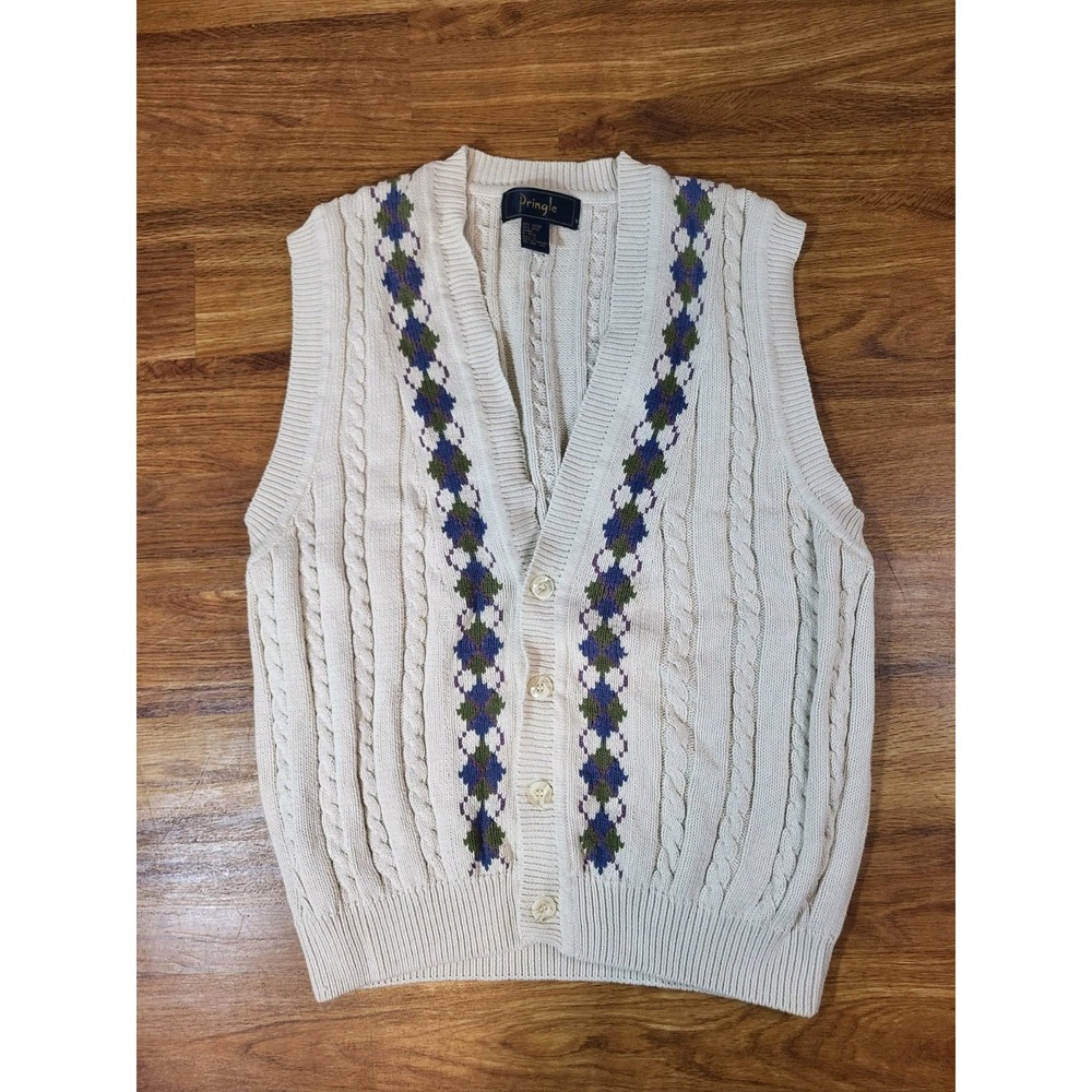 Pringle 100% Cotton Mens Size Large‎ Argyle Cream Vest Cardigan